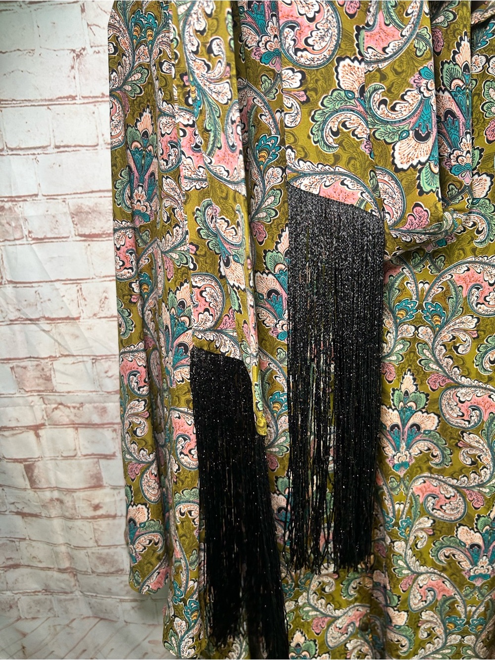 Traffic People Cinch Olive Paisley Midi Button Down Dress Tie Belt Kimono Duster - Picture 8 of 9